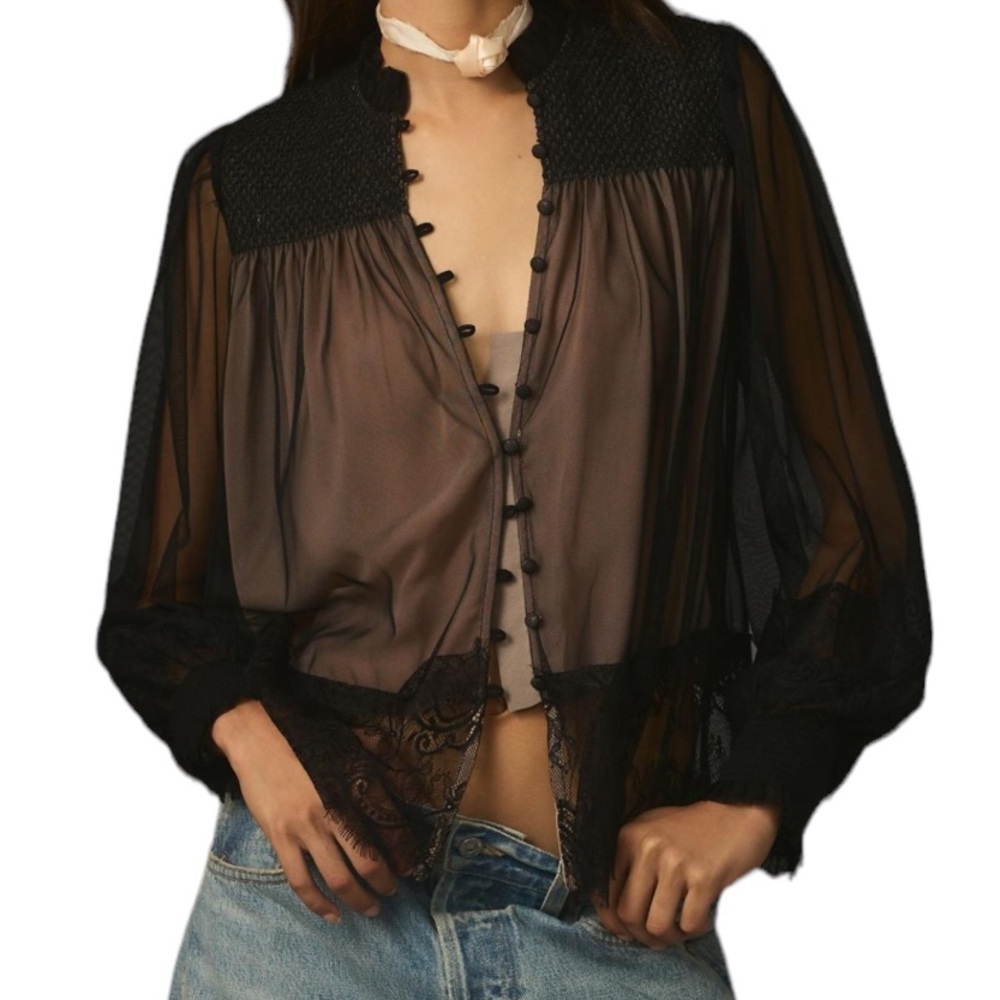 Anthropologie Black Sheer Lace-Trim Button Blouse